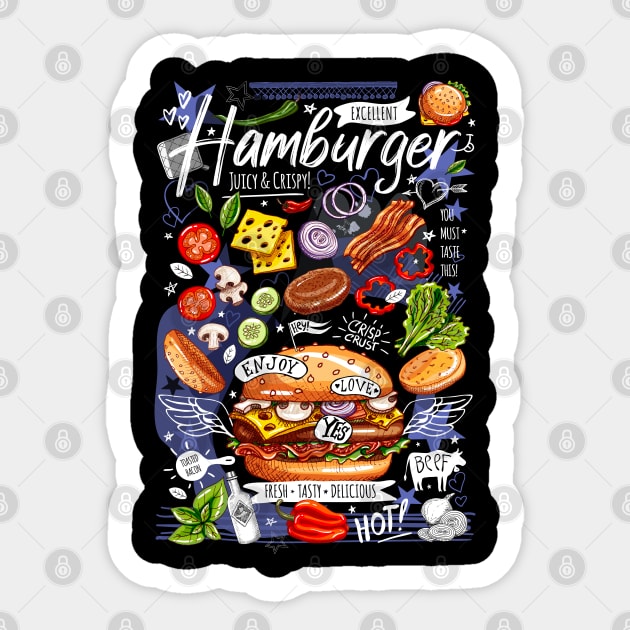 Food poster, fast food, cooking, burger, hamburger, cheeseburger Sticker by Iraida Bearlala